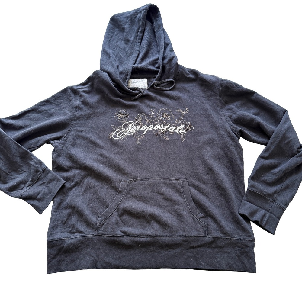 Aeropostale Womens Beaded Floral Logo Hoodie Charcoal Black Pullover Large